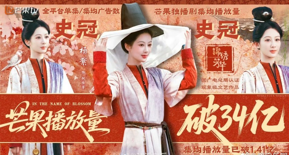 杨紫锦绣芳华🥭站内播放量破34亿，达成了🥭的史冠，海外发行三维验证爆款价值。