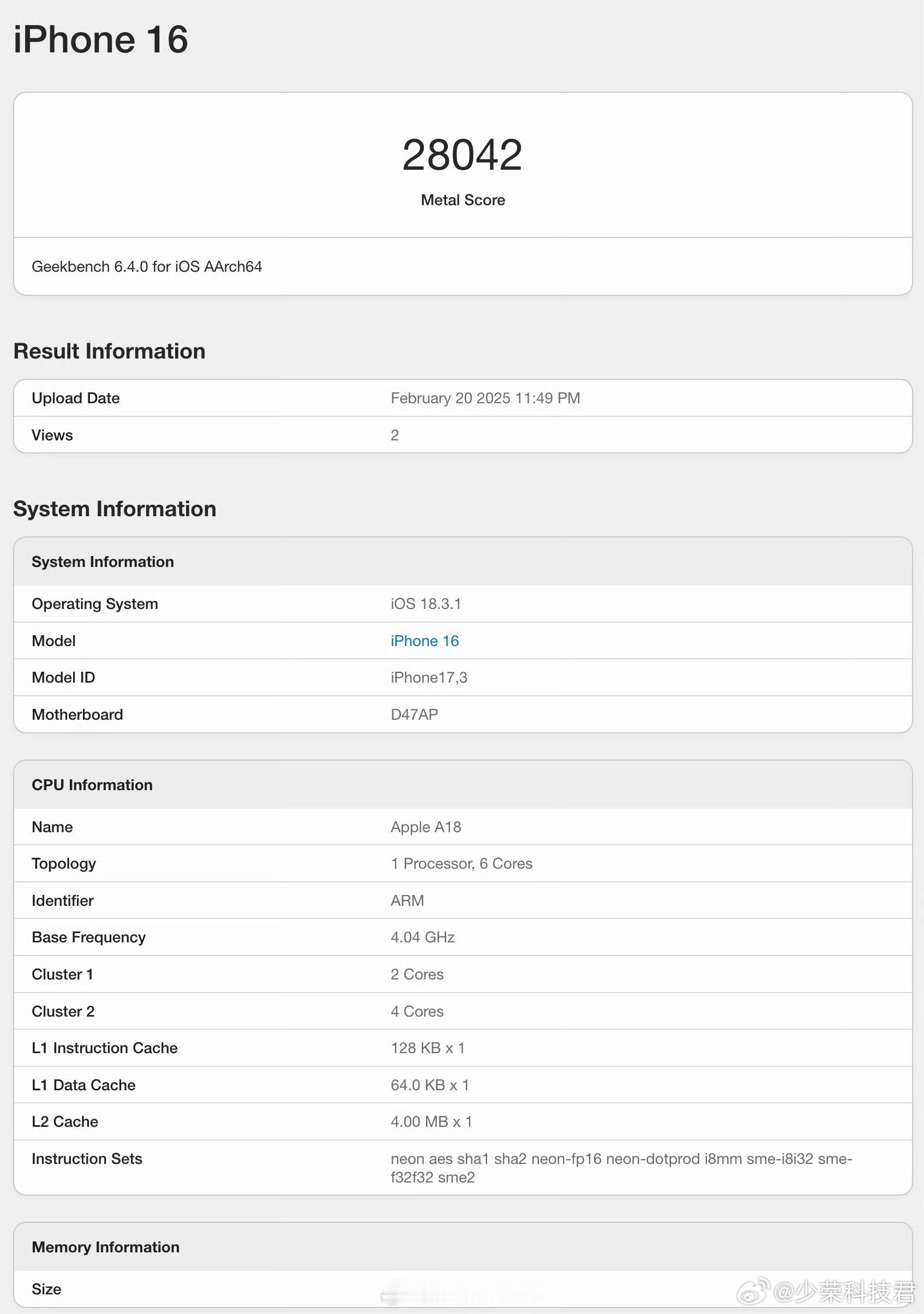 iPhone16E的GeekBench6跑分出来了，搭载4核GPU