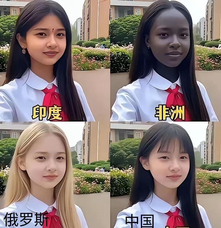 在来自不同国籍的四个女孩里，印度女孩有着大大的眼睛，美丽动人；非洲女孩牙齿洁白，