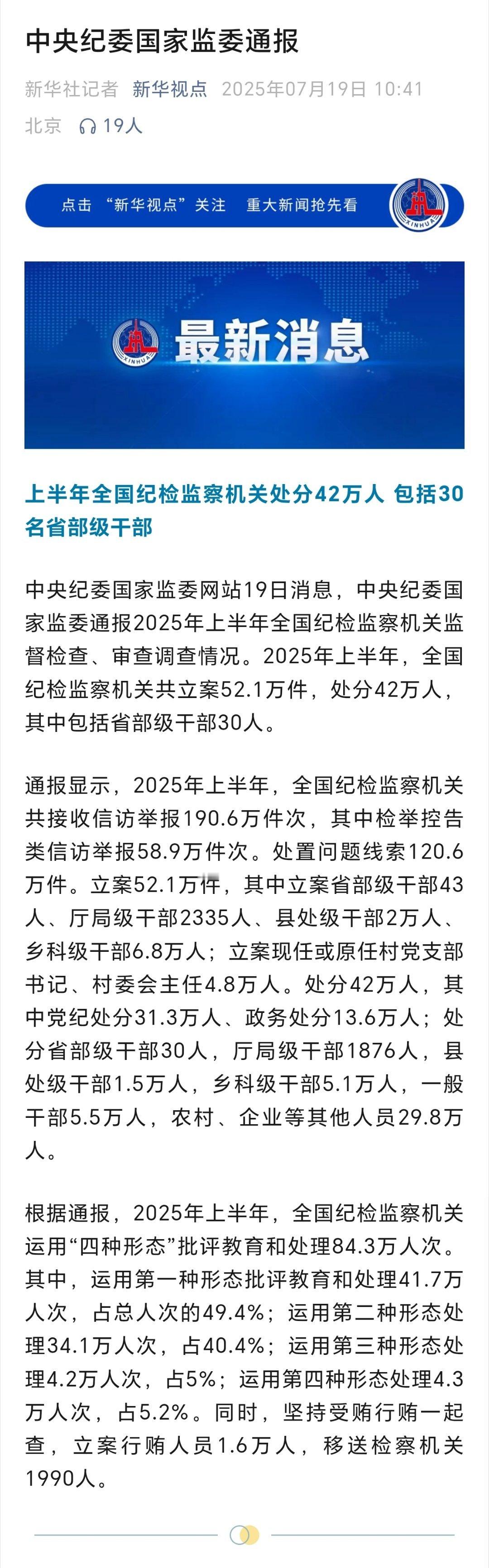 中央纪委国家监委通报：上半年全国纪检监察机关处分42万人、包括30名省部级干部