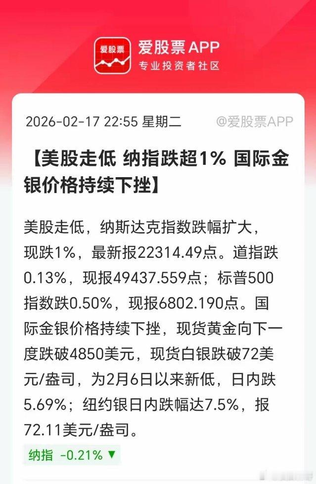 今晚美股跌了，黄金白银也大跌。之前A股长假休市，外围都是打了鸡血一样。先猛涨几天