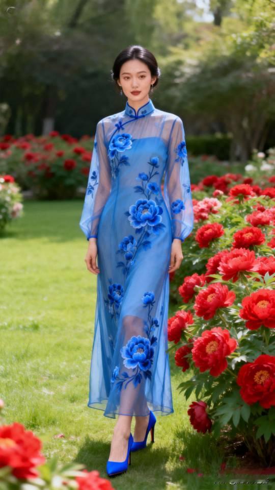 蓝色连衣裙女子在牡丹花丛中留影。连衣长裙旗袍裙