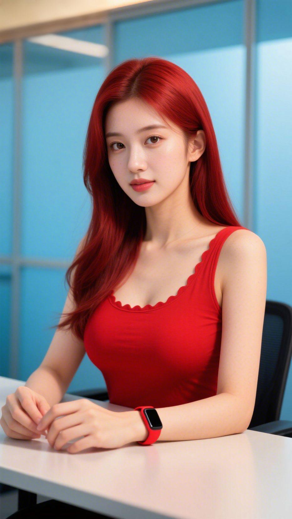 《红柔缀于浅蓝隅》办公室浅蓝玻璃墙筛下的光，轻覆在她发梢的红上——像把春日