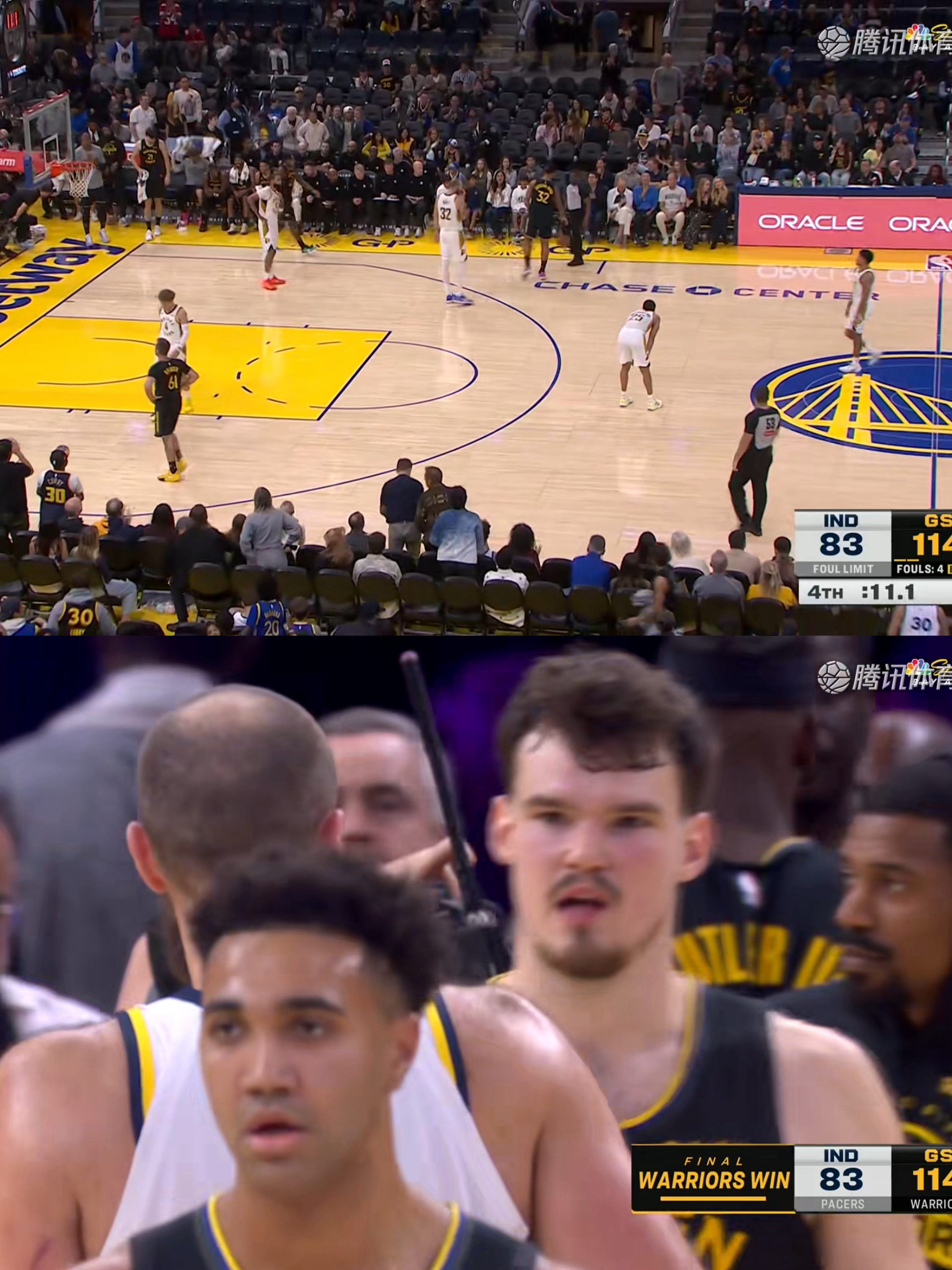 勇士主场114-83大胜步行者，库明加说今天他已经尽力了，无奈步行者实在没人。[