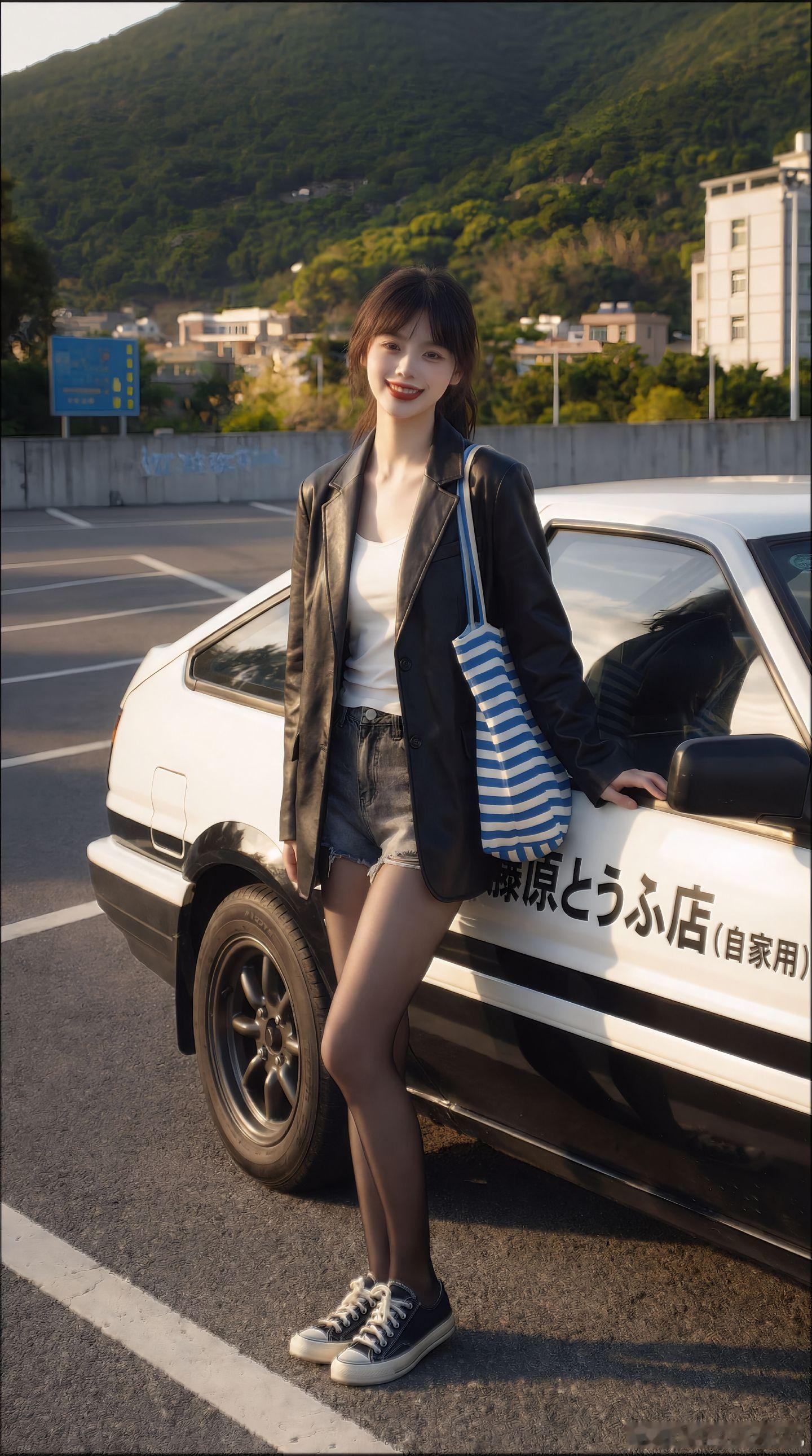 今天穿什么皮衣，白背心打底，牛仔短裤，黑丝，出发美女绘梦长廊