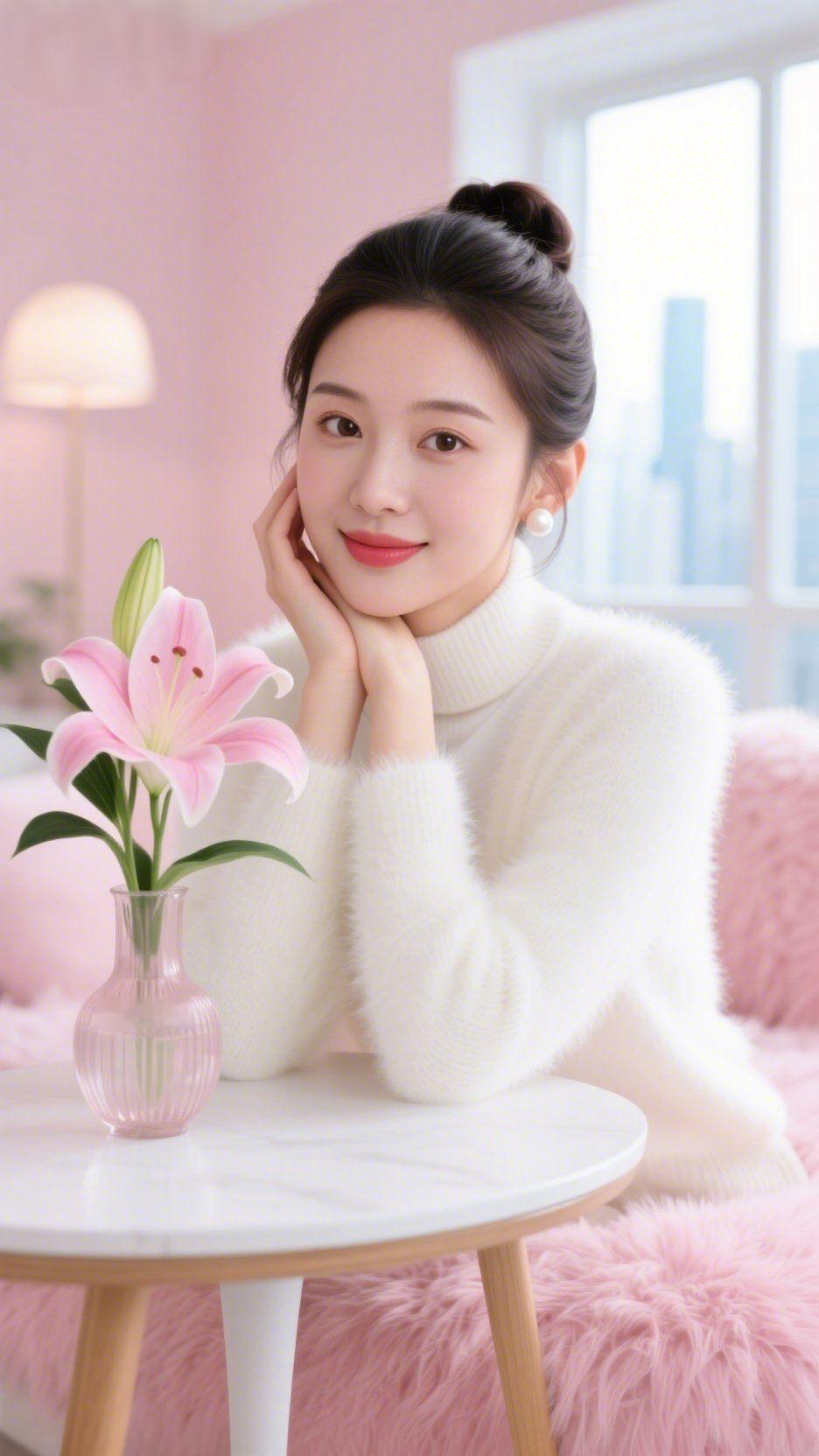 《软室浸花温》淡粉室间里，白绒毛衣裹着轻软的暖，似将午后柔光揉进针脚。她手