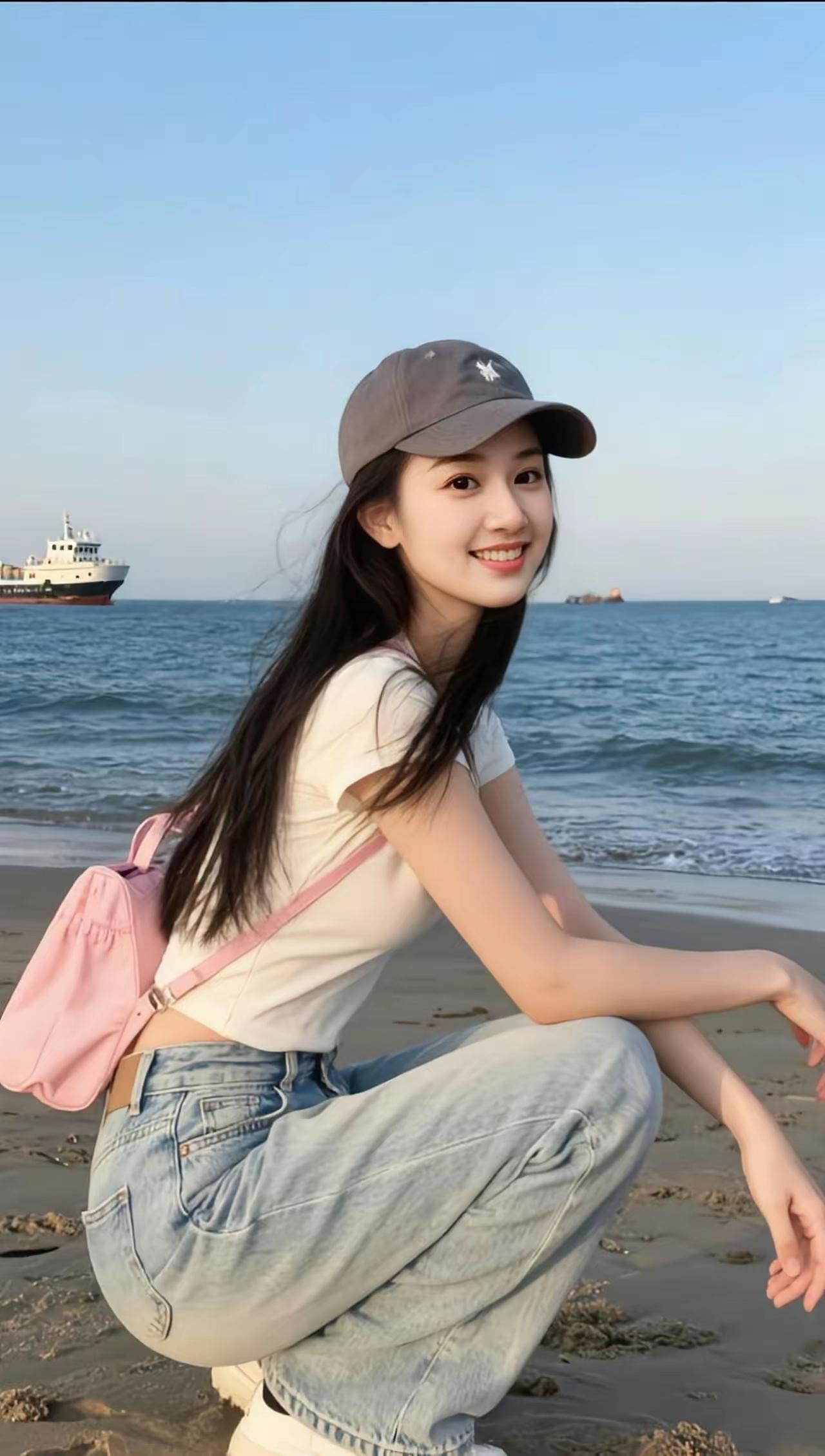 海边少女，微笑如阳光，背着粉色小包，享受海风轻拂。