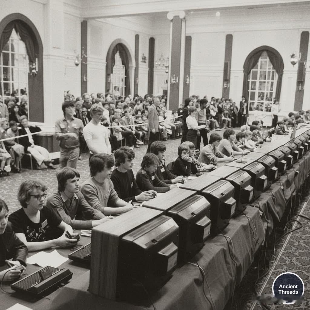 这张照片记录了1980年由雅达利(Atari)主办的全国太空侵略者锦标赛