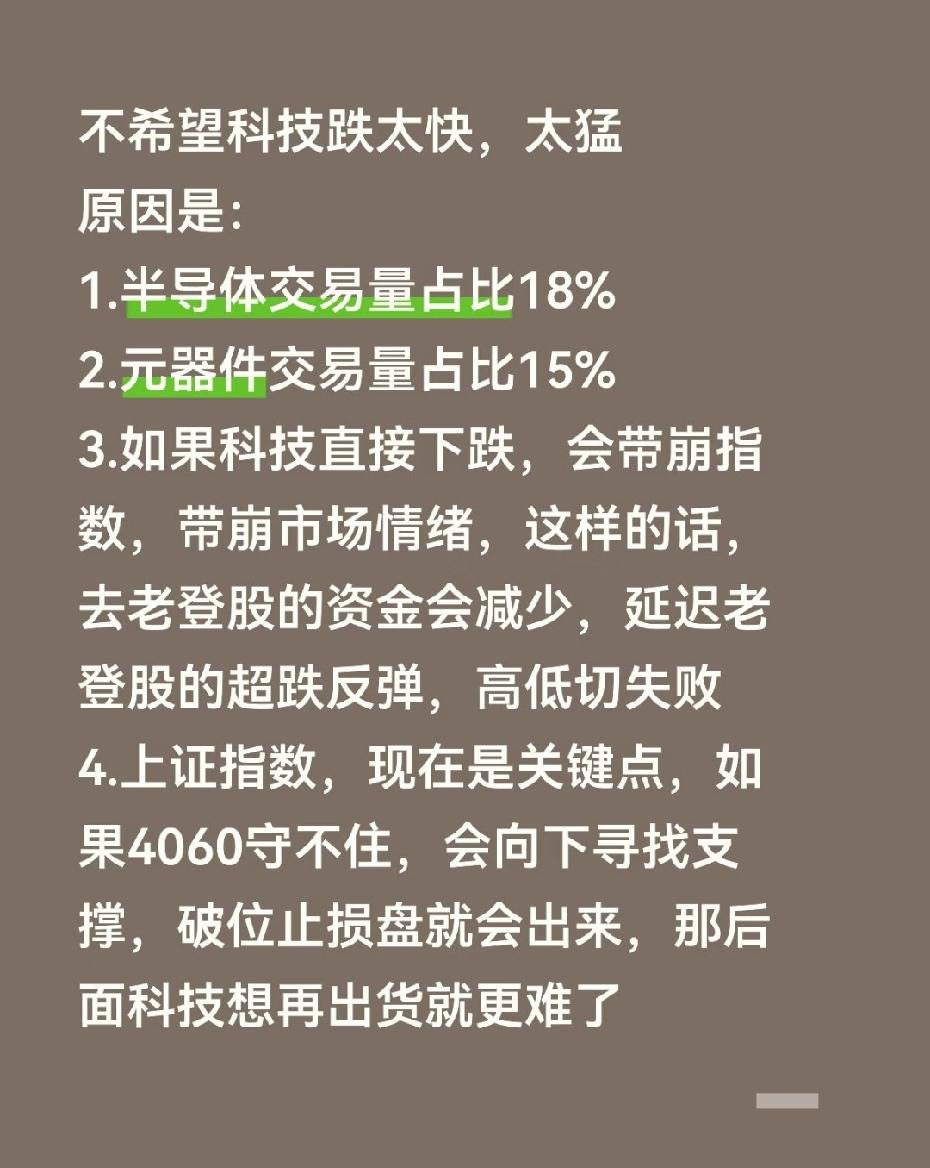 不希望科技跌太快，太猛原因是：1.半导体交易量占比18%2.元器件交易量占