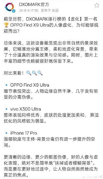 DXOMARK排行榜【虚化】第一名给到了OPPO Find X9 Ul...