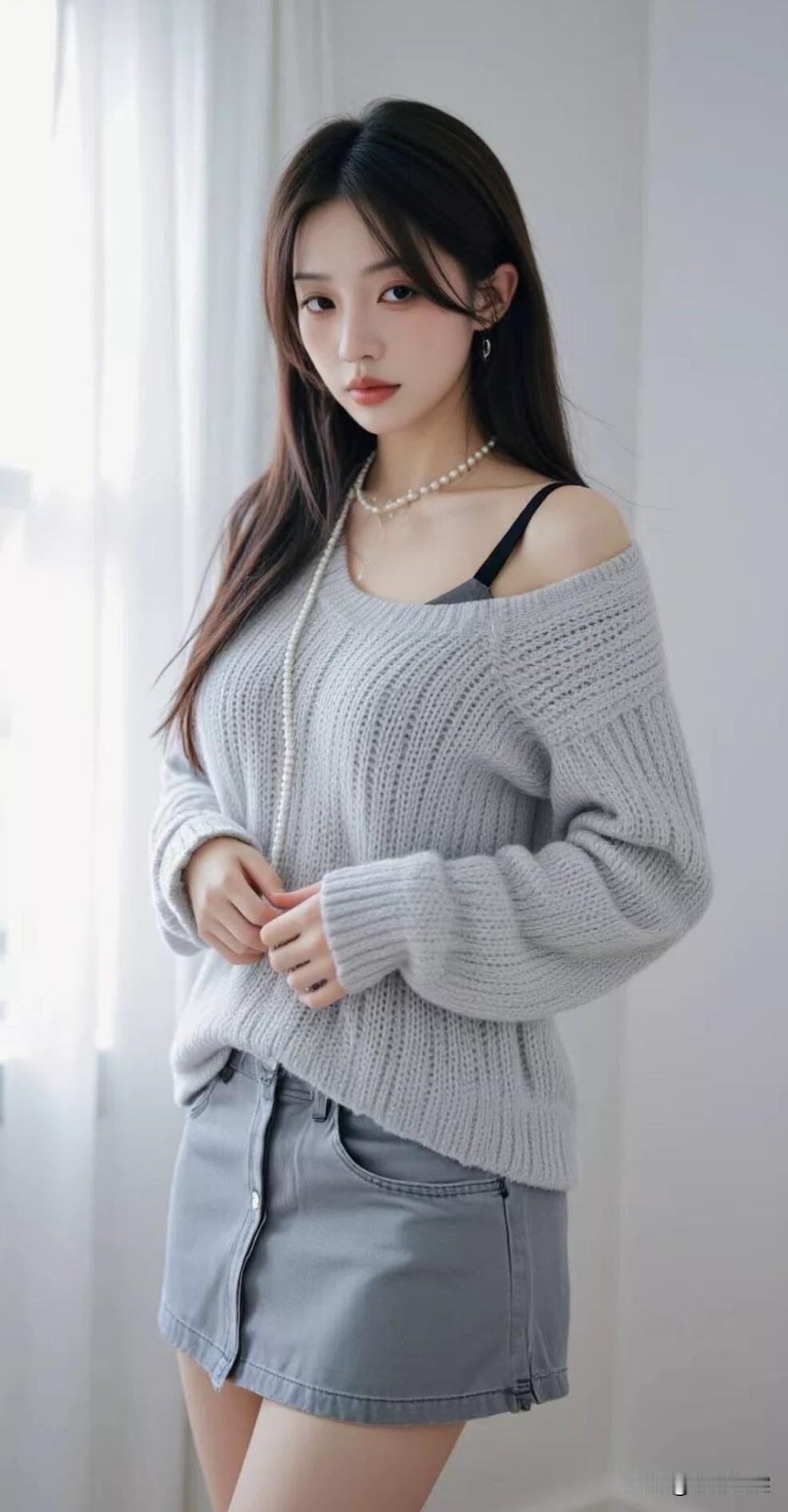 温柔甜美的少女穿搭，浅灰色毛衣搭配牛仔短裙，珍珠项链点缀，清新自然。