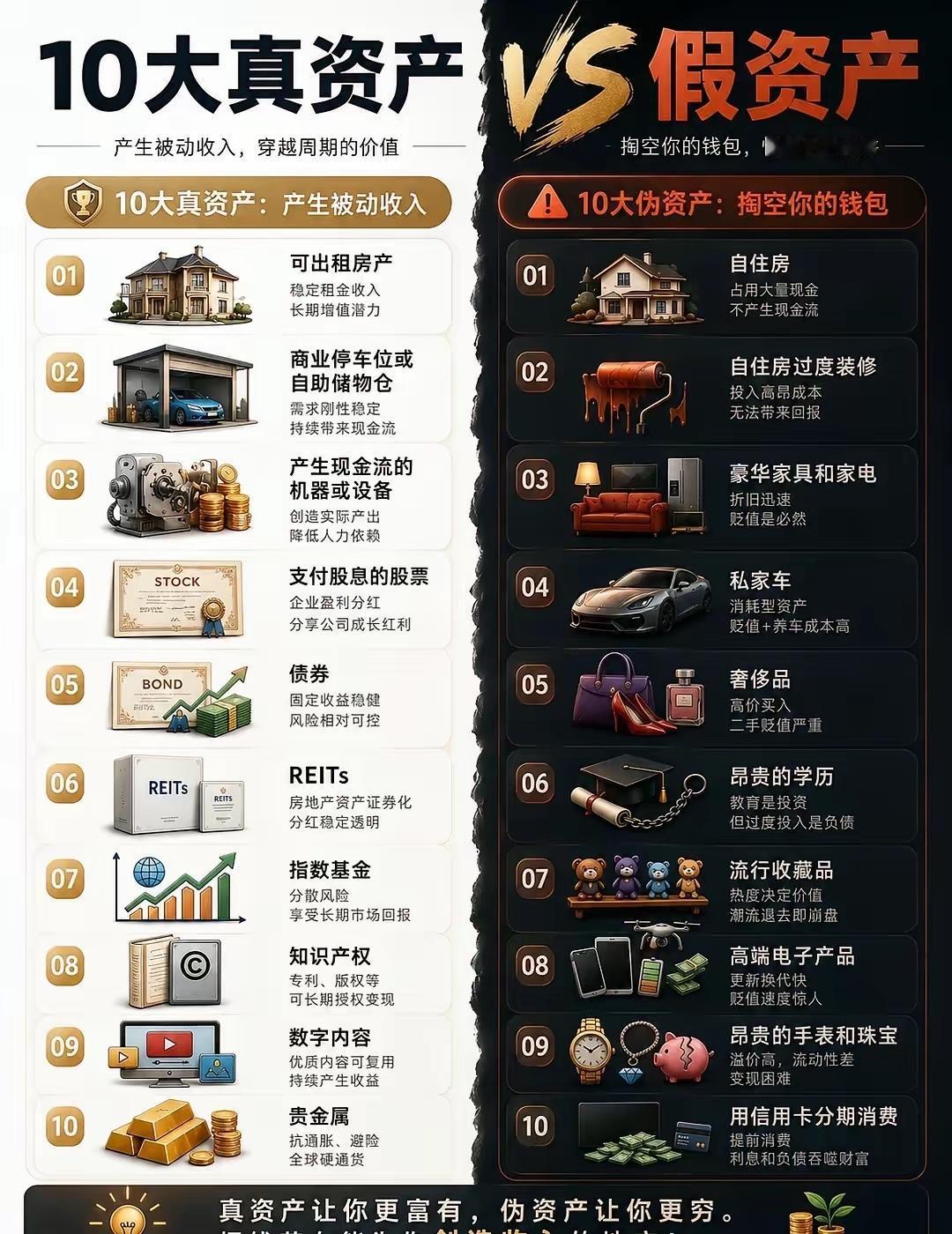 10大真资产VS10大伪资产，[比心]决定你的贫富很多人一辈子攒不下钱，根本