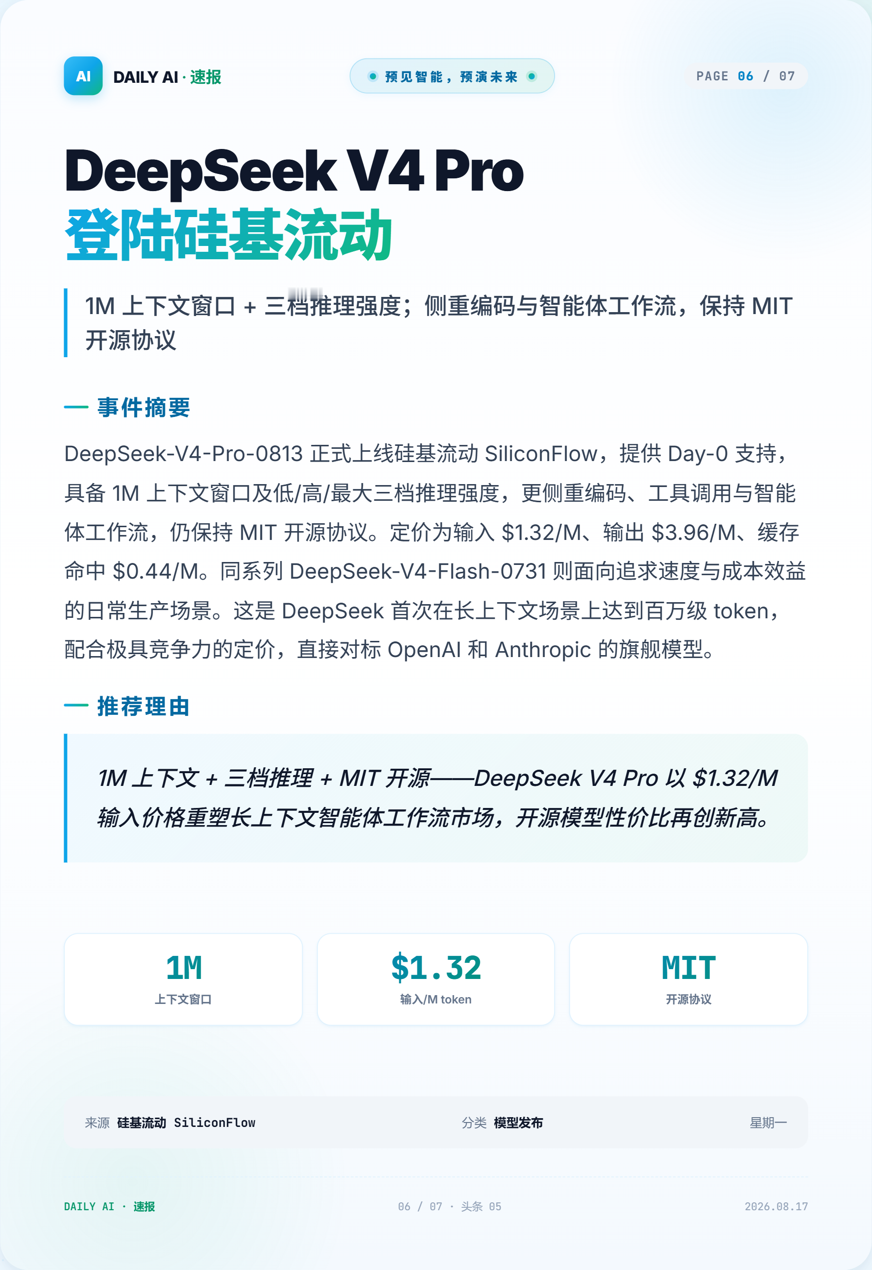 DeepSeekV4Pro登陆硅基流动DeepSeek首次在长上下文场景上达到百万级token，配合