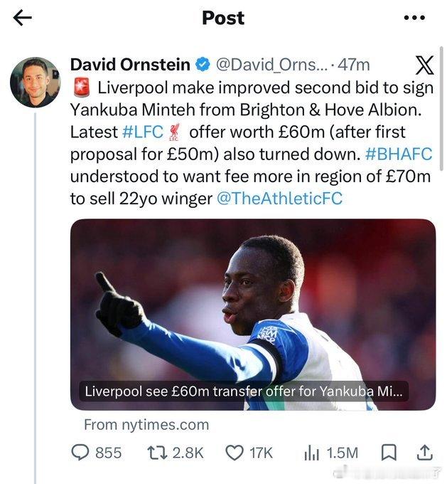 绿帽哥爆料利物浦已得到明确告知：报价£6300万+£700万附加条款，就能搞