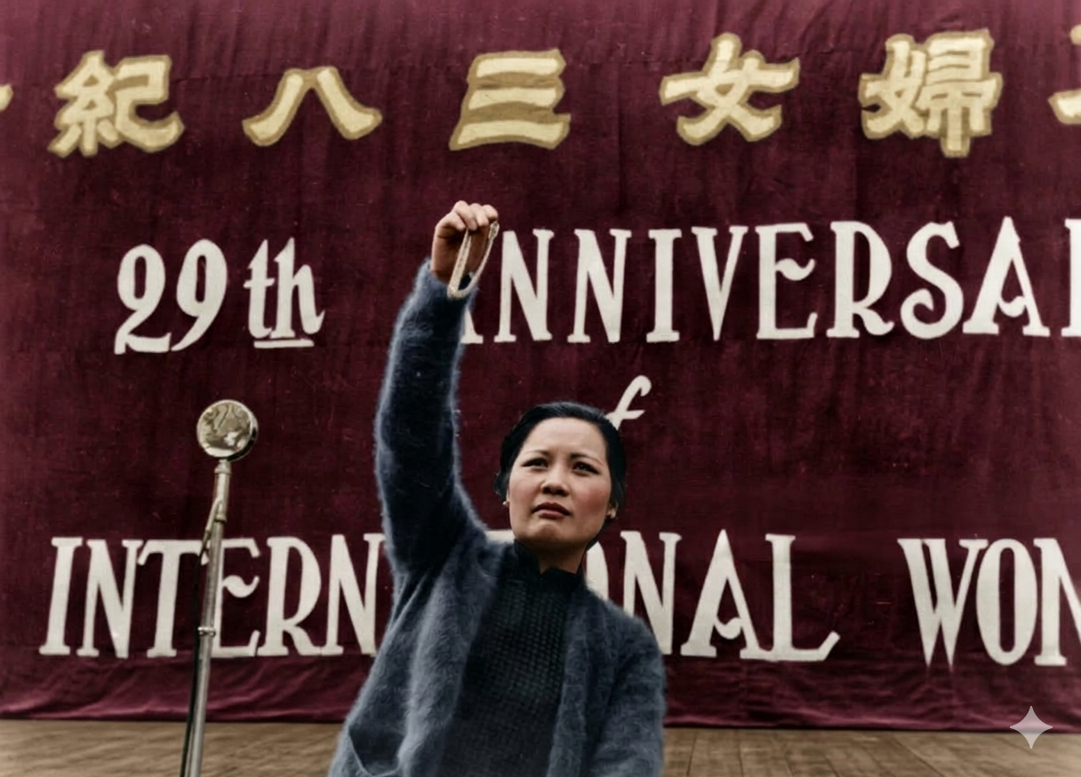 1939年3月8日，在抗战陪都重庆举行的三八妇女节万人纪念大会上，宋美龄在大会上