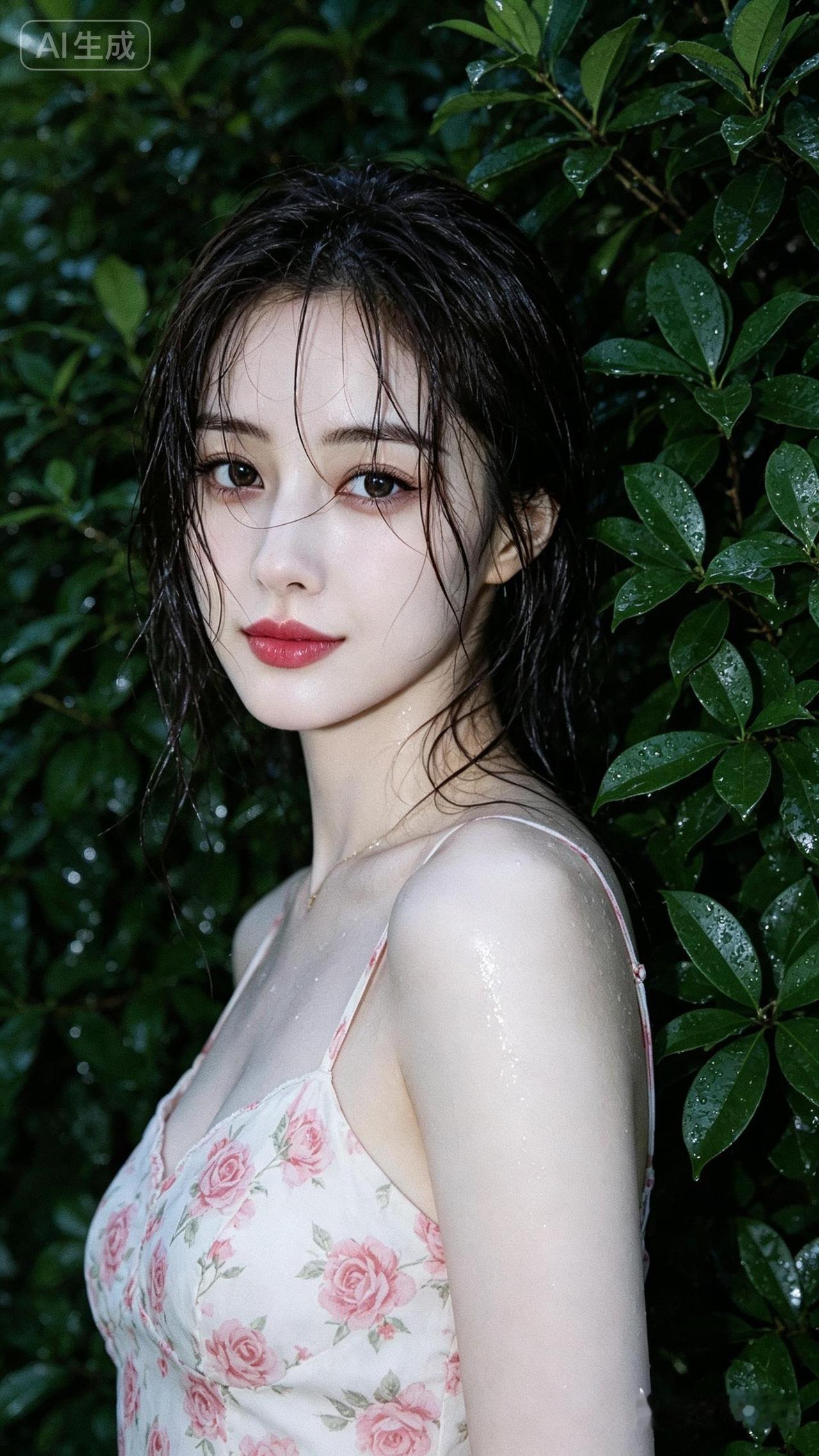 一个女孩站在绿叶前，湿漉漉的头发。