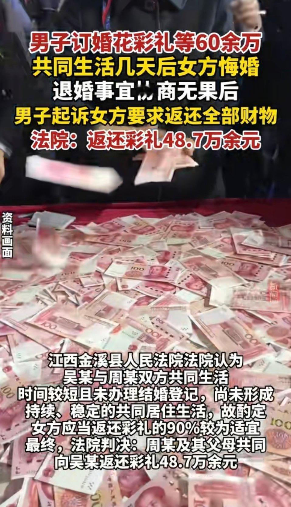 江西吴某为了订婚给了女方周某38.8万现金彩礼,外加6万见面礼、100克金条和金