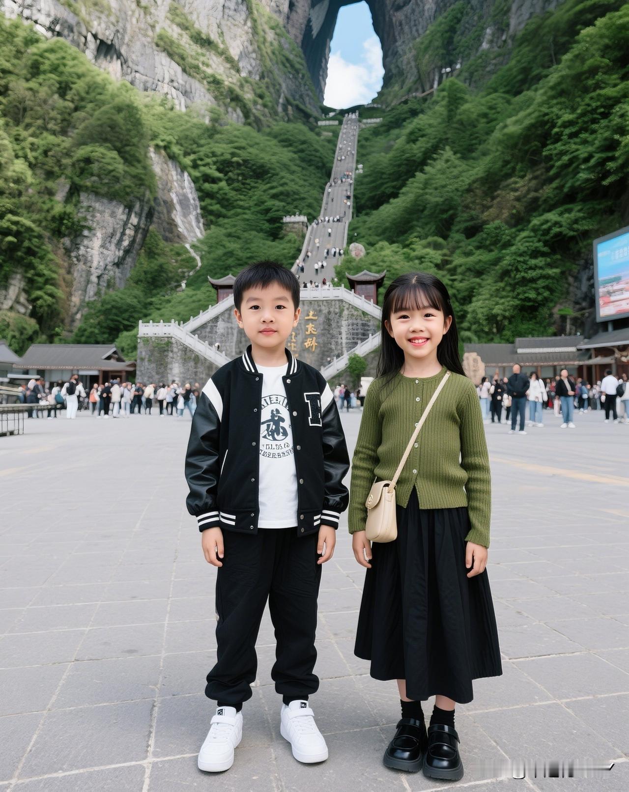 周末带俩娃冲了张家界天门山，刚到山脚下就被那道“天门洞”震住——高耸的石阶从洞口