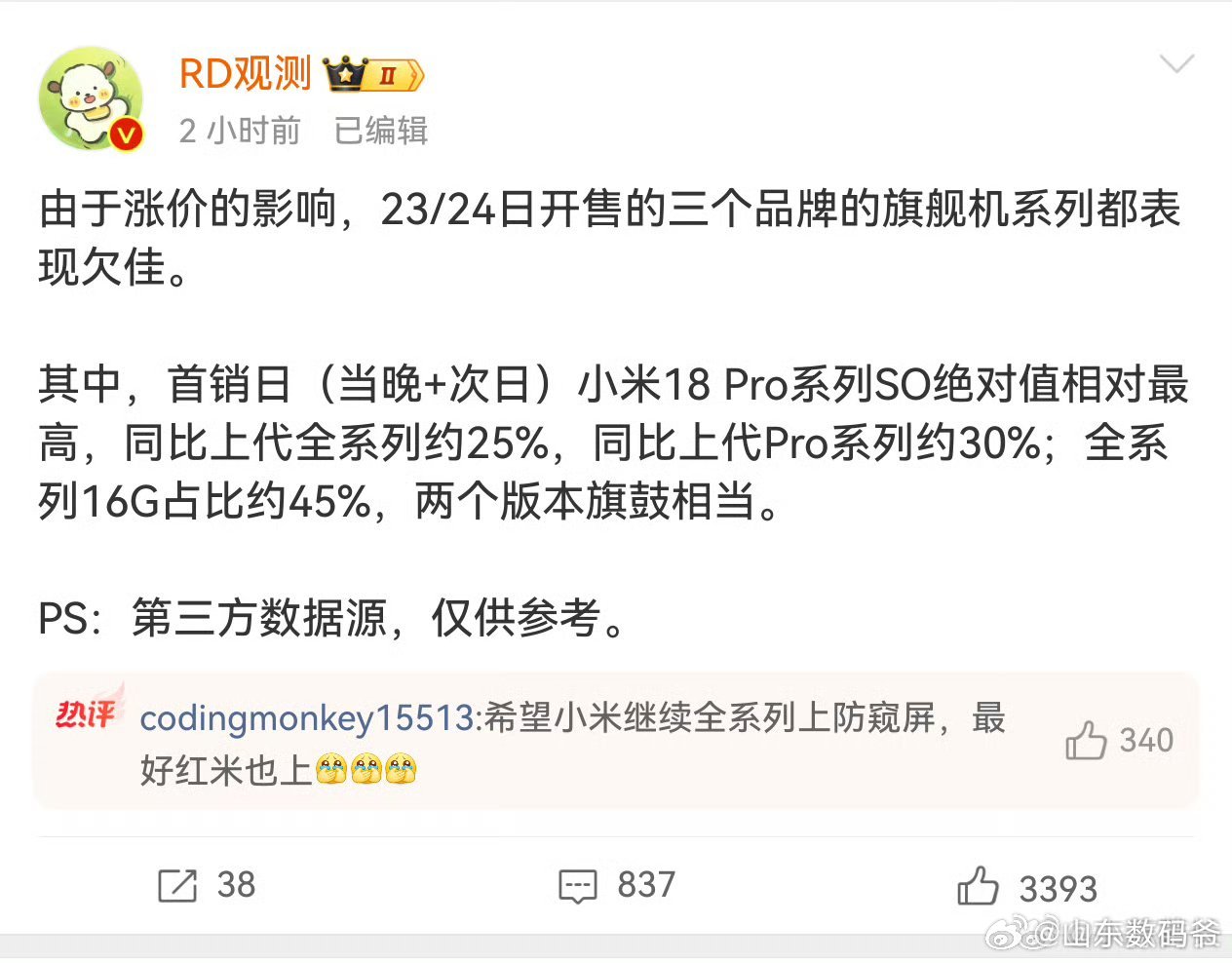 RD观测的数据，小米18Pro系列首销为上代的30%（降了70%）。极客村长的数据，小米18Pro系