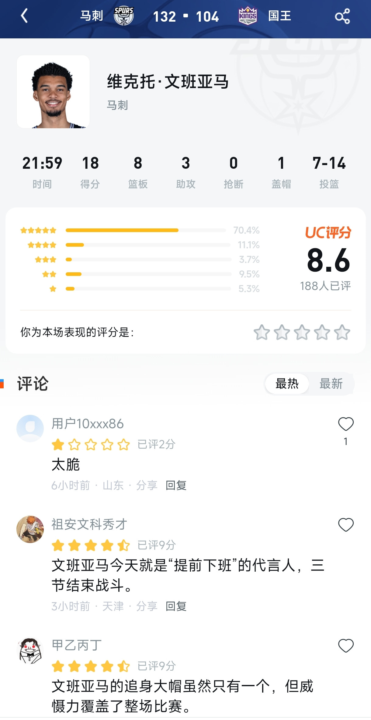 三节打卡下班还嫌脆？文班18分残暴虐杀，马刺这战绩恐怖如斯！