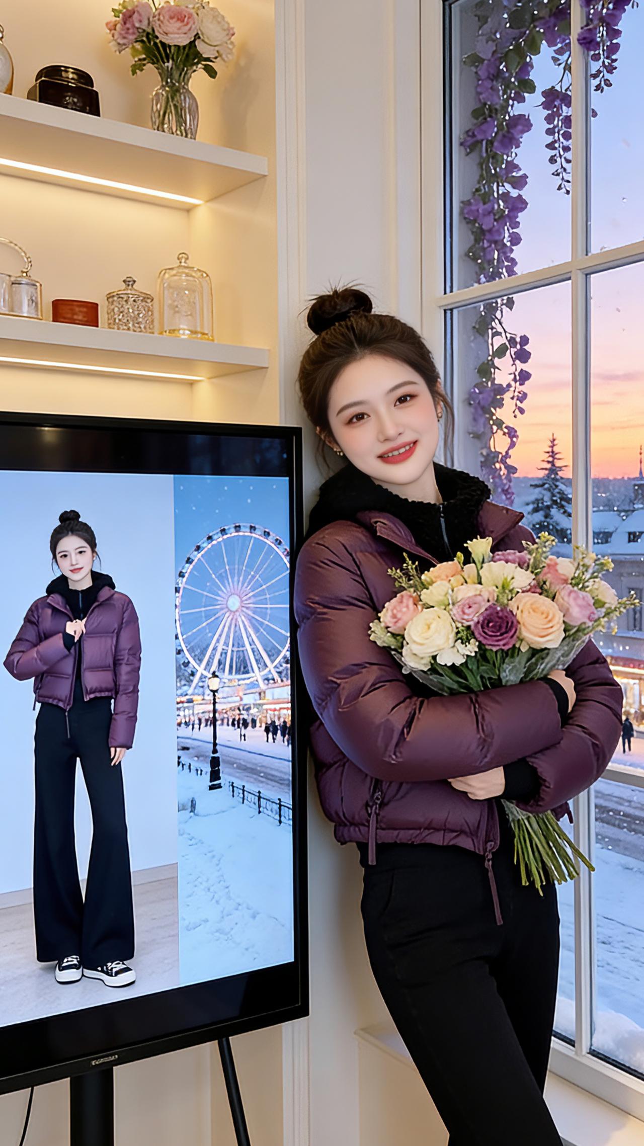 紫调冬日深紫的羽绒衣裹着初冬的暖，像将暮色揉进了衣料，在室内暖光里漾开温柔