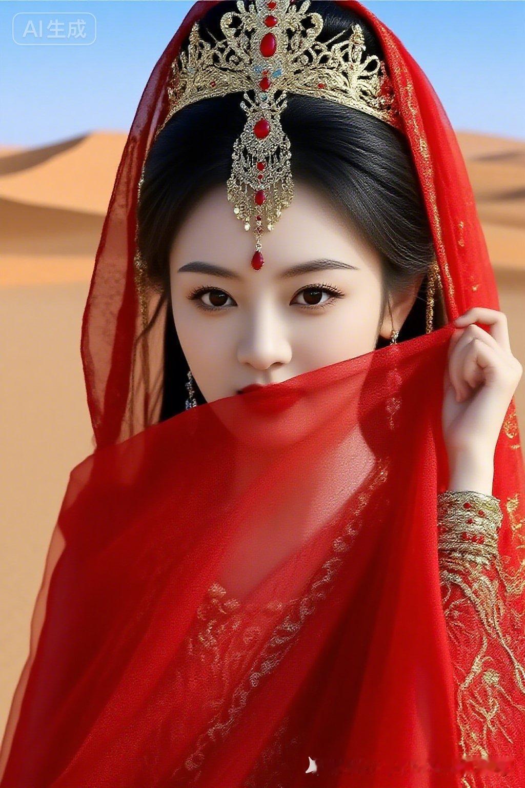 大漠落日鎏金，西域少女头戴异域珠饰，红纱绣花轻扬。她温柔腼腆，指尖轻捻红纱半遮娇