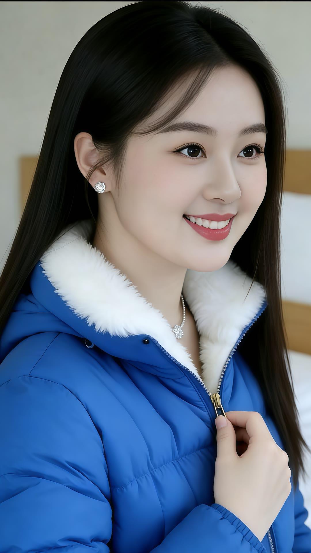 冬日暖阳下，甜美笑容绽放，蓝色羽绒服搭配珍珠耳环，温暖又时尚！🌞💕