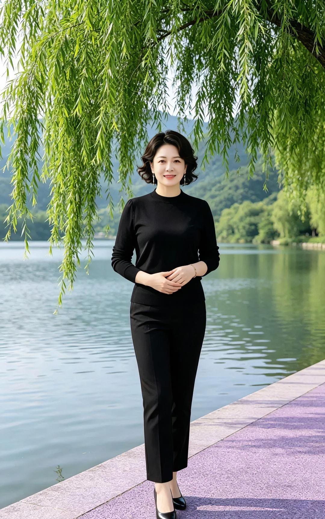 《柳岸从容》万条柳丝，垂落湖光的绿，黑色剪影，立在春水之畔。微风轻抚