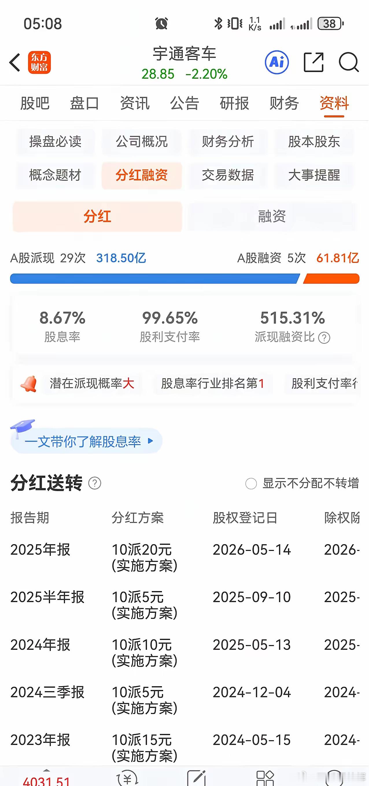 宇通客车股息率8.67%，全行业排第一。一年两次分红，出手大方，算是A股里少有的
