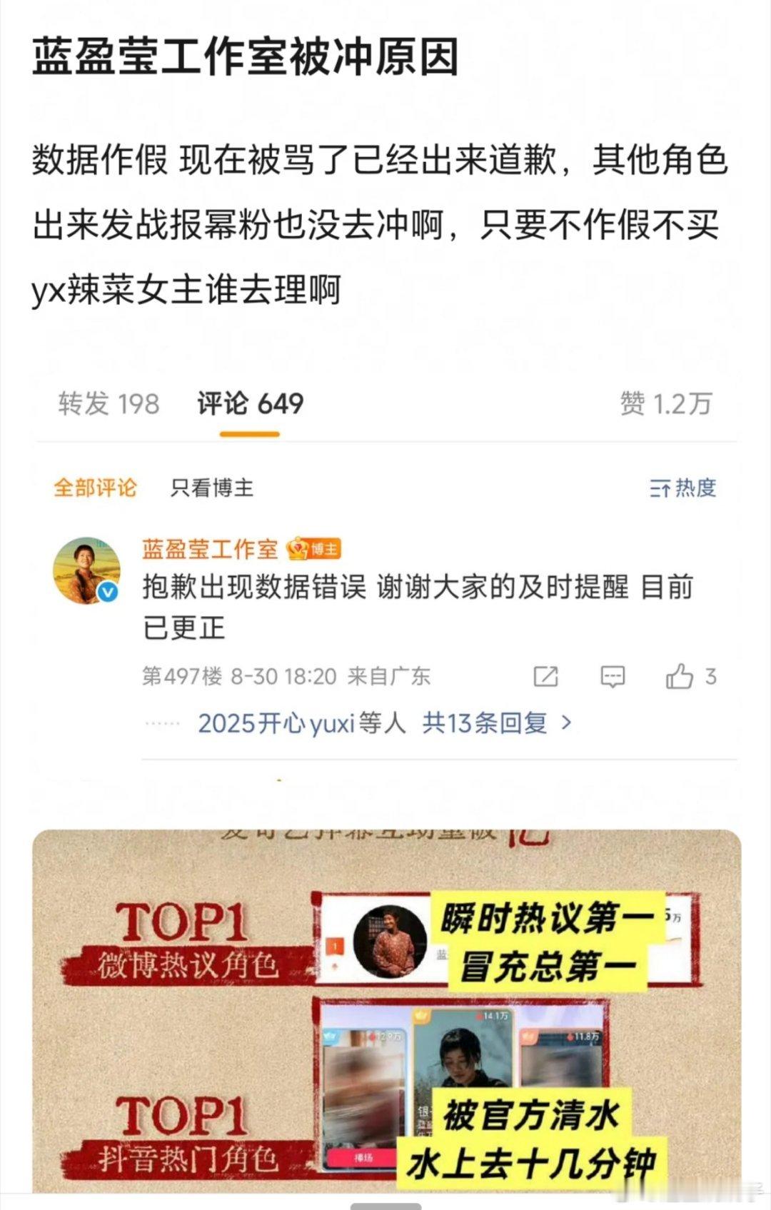 蓝盈莹工作室数据作假？不至于吧[笑着哭]​​​