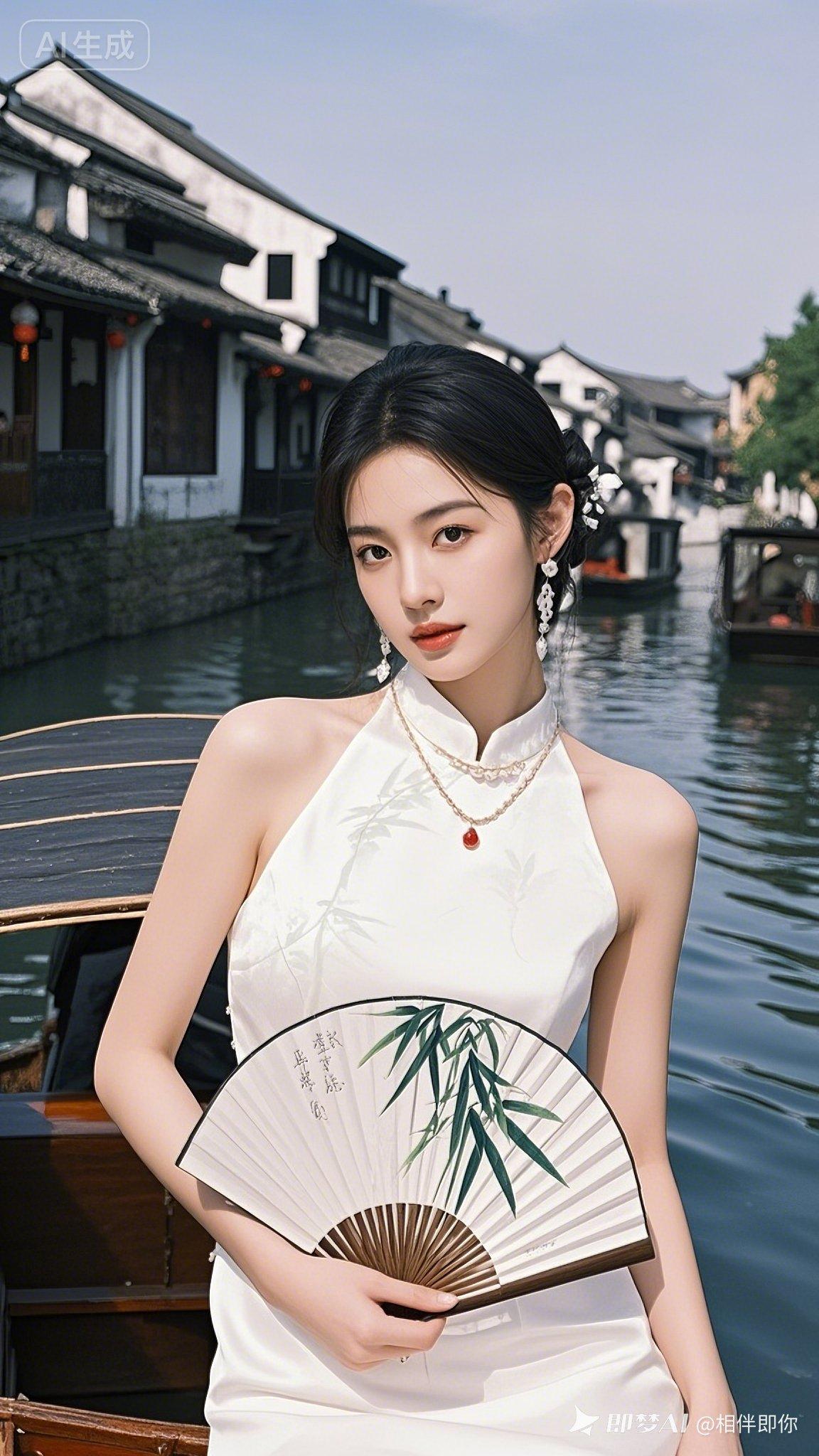 江南水乡，白衣少女，手持折扇，古韵悠长。