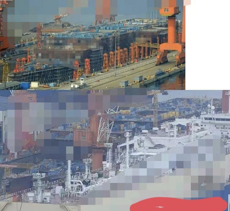 004和山东舰同角度同进度对比图，004的甲板高度型深和水线宽明显增加，水线长也长出来50米[并不简