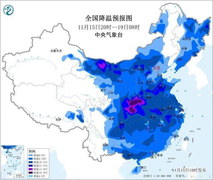 今晚寒潮前锋已经来到长城、阴山一线，接下来寒潮明天将迅速席卷整个黄土高原和华北平