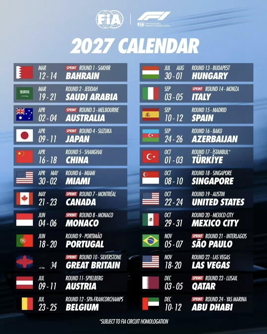 2027赛季F1赛历正式公布, 中国大奖赛定于4月16日-18日举行