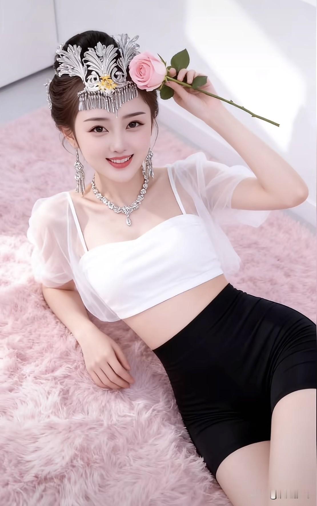梦幻古风少女，头戴花冠，手捧玫瑰，优雅动人。随手拍摄的花草树木少女感穿搭的精髓