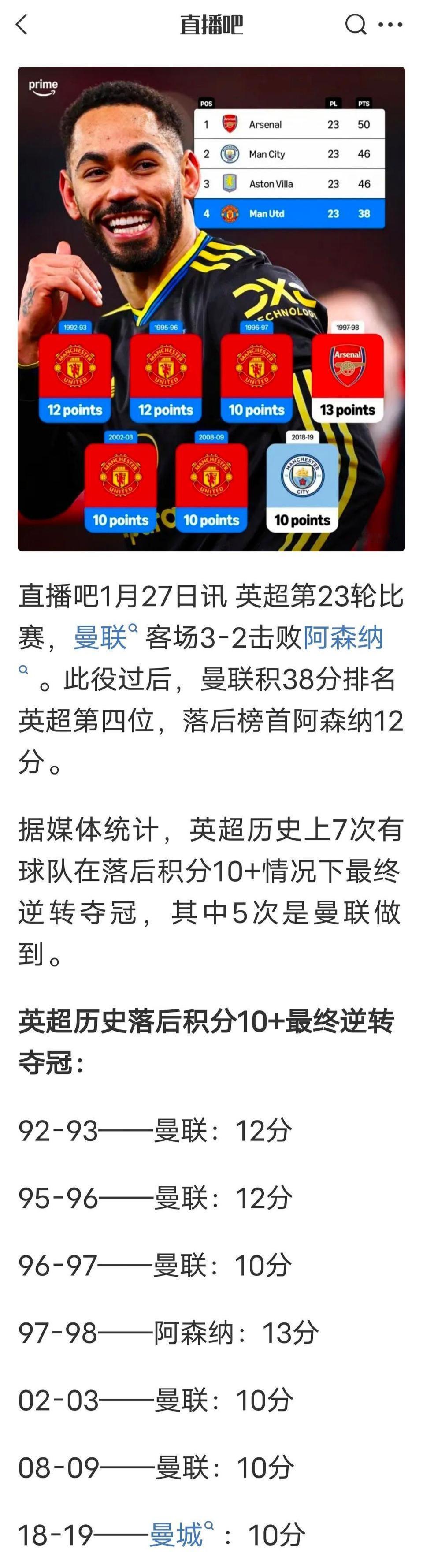 曼联竟然还有夺冠希望，我是万万没想到！媒体说英超历史有7次落后10+分夺冠，
