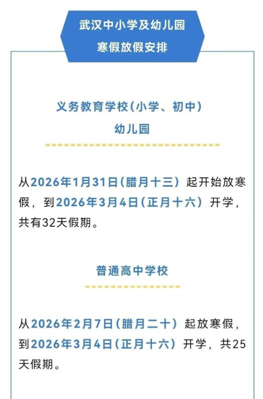 武汉中小学2026年寒假时间确定近日获悉，根据武汉市2025-2026学年度两