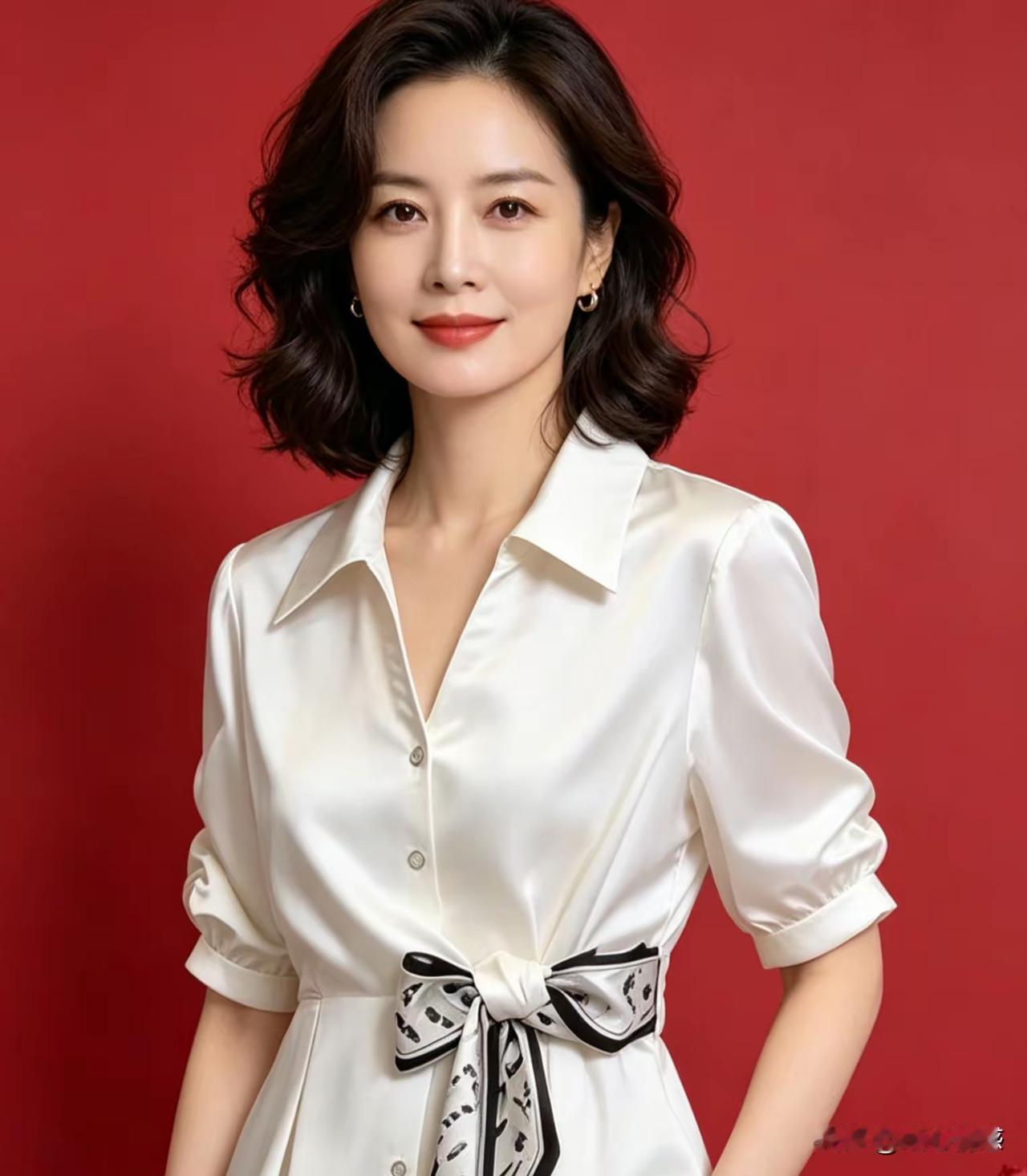 这位女士穿着白色衬衫，搭配蝴蝶结，背景是红色。