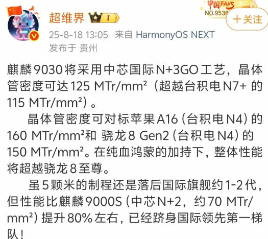 麒麟9030内置风扇性能有望重回第一梯度！微博博主爆料麒麟9030性能跨越