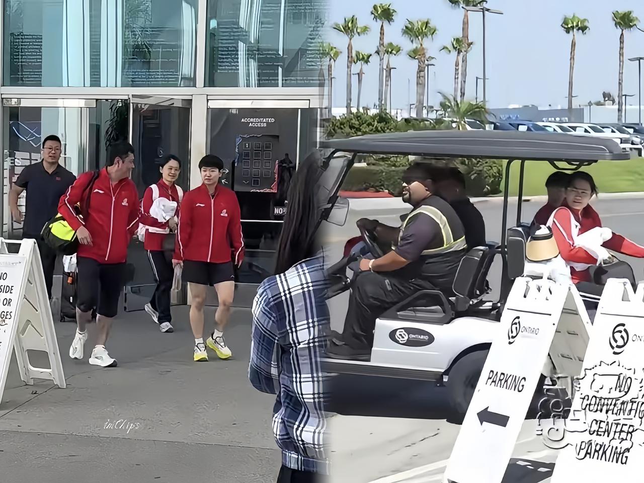 今天莎莎终于坐上心心念念的小车了！邱导、任姐和翔哥一块儿等着她下班，混双打
