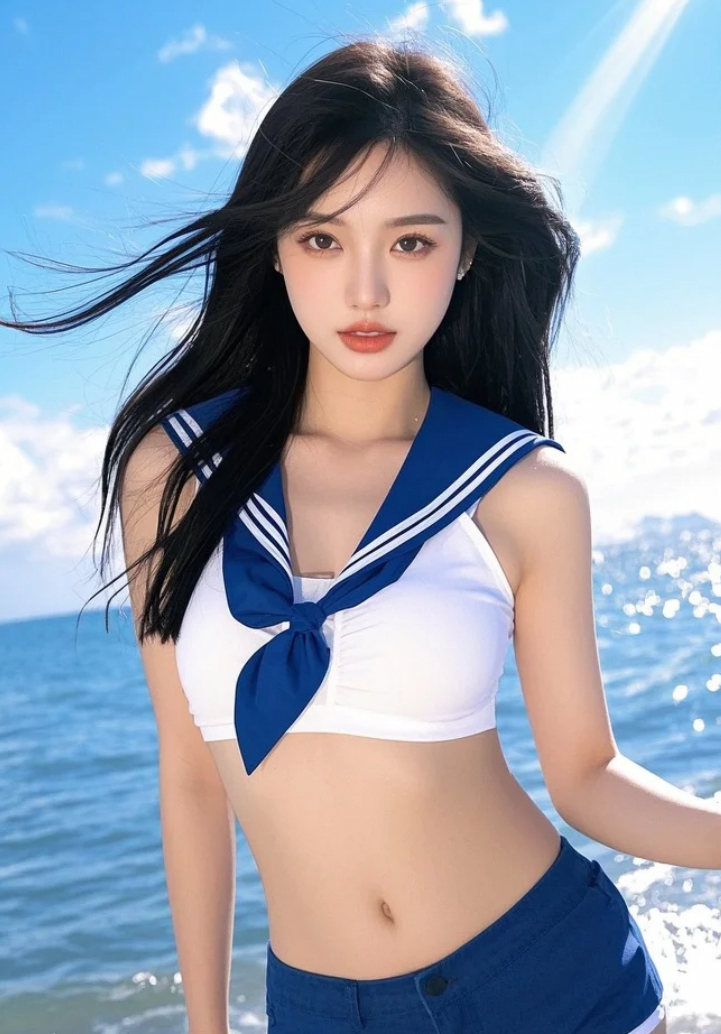 她赤脚追逐浪花，海浪却追着她纤细的脚踝