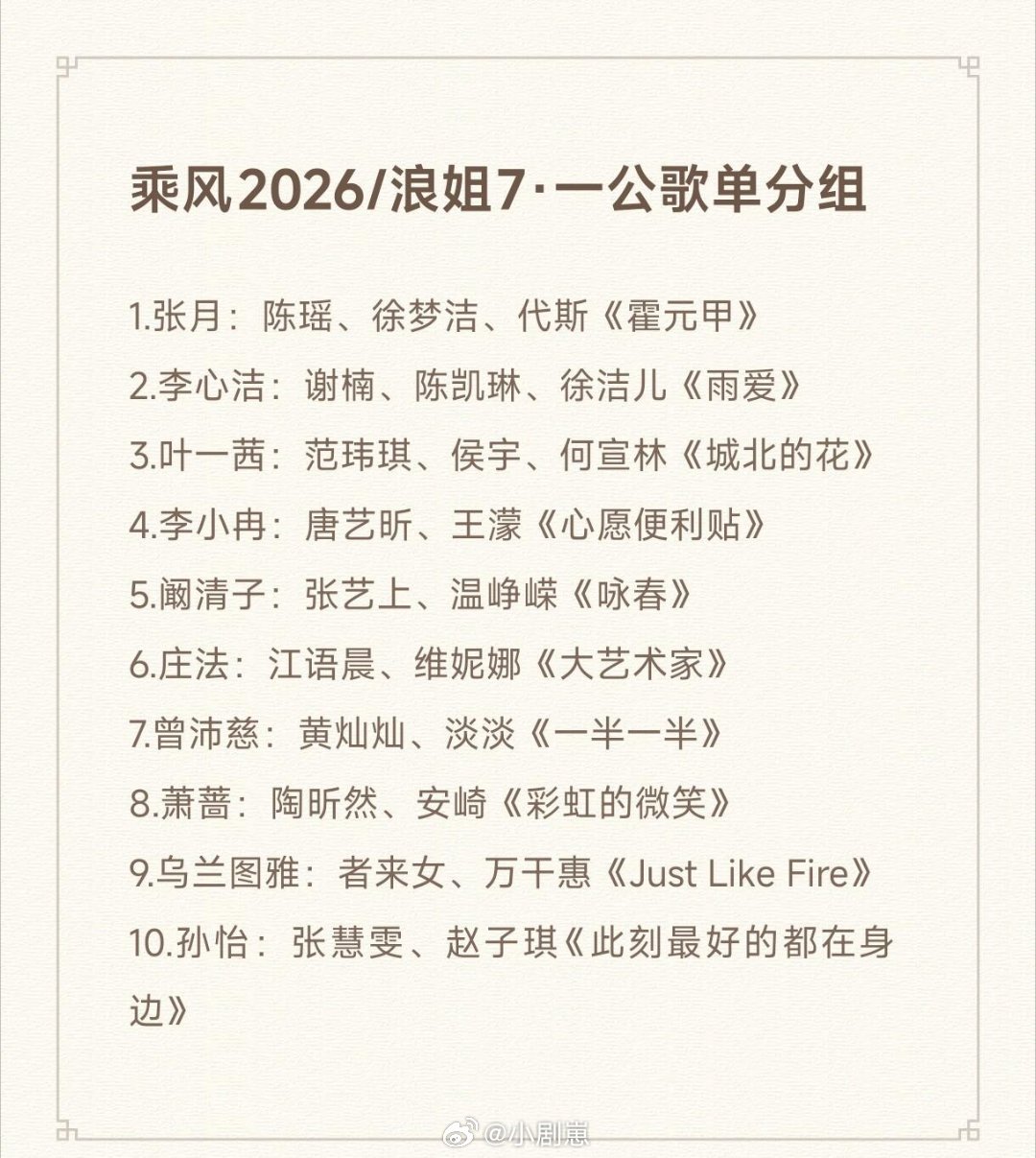 乘风破浪的姐姐乘风2026一公歌曲，队长分组乘风2026一公团体曲目1.张月：陈