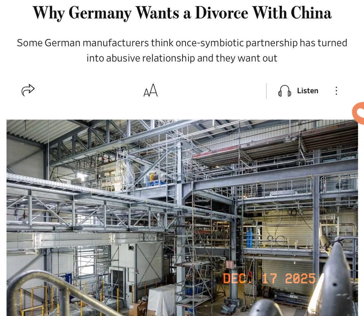 《华尔街日报》报道，德国有意终止与中国的合作关系。看了《华尔街日报》那篇报道