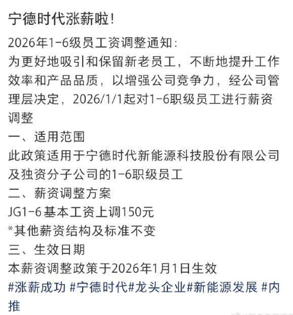 宁德时代涨薪了，点赞。企业有效益，多给员工加薪，这肯定是好事。据说，现在宁德