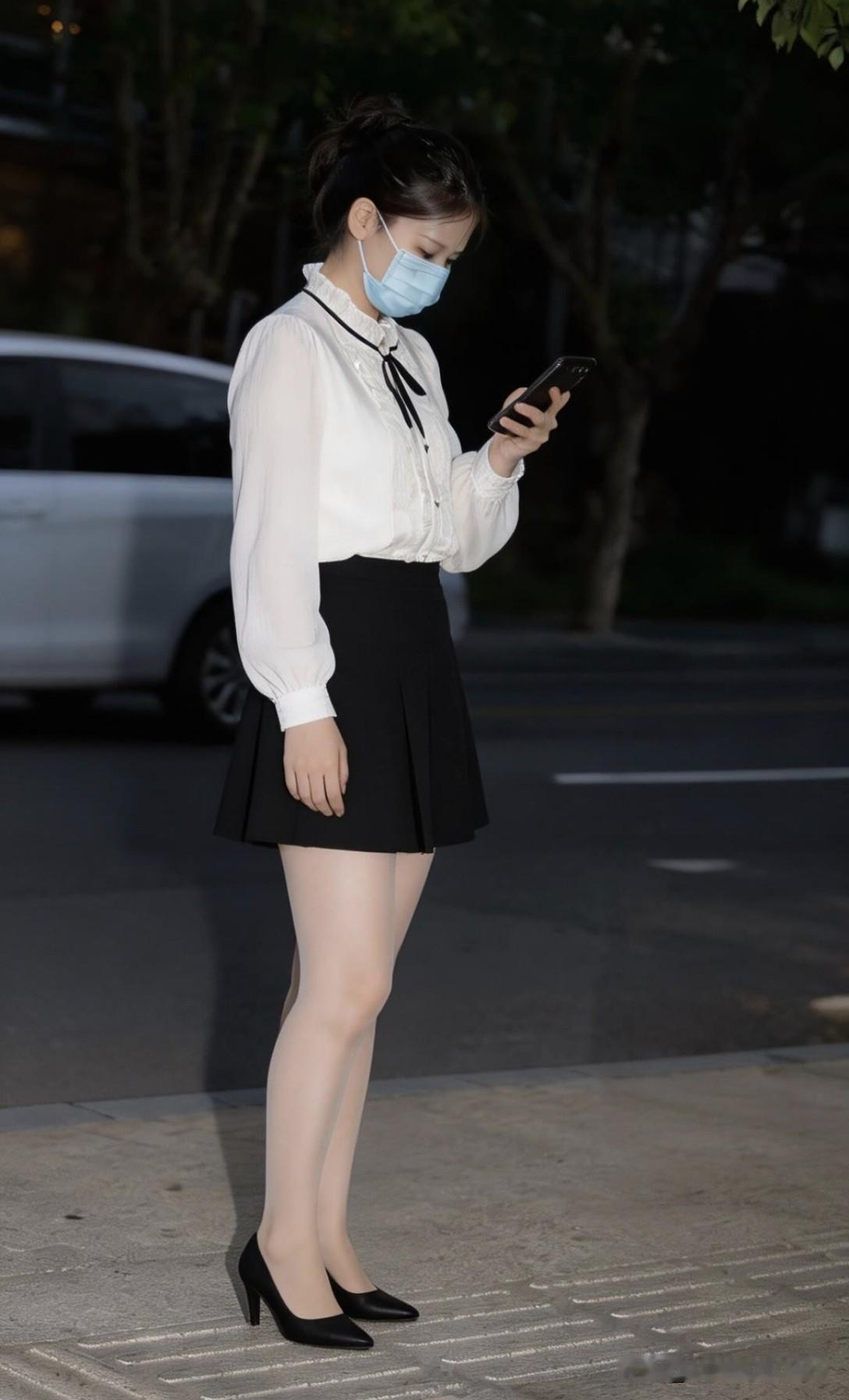 都市夜色中的时尚少女，轻盈步履间尽显优雅