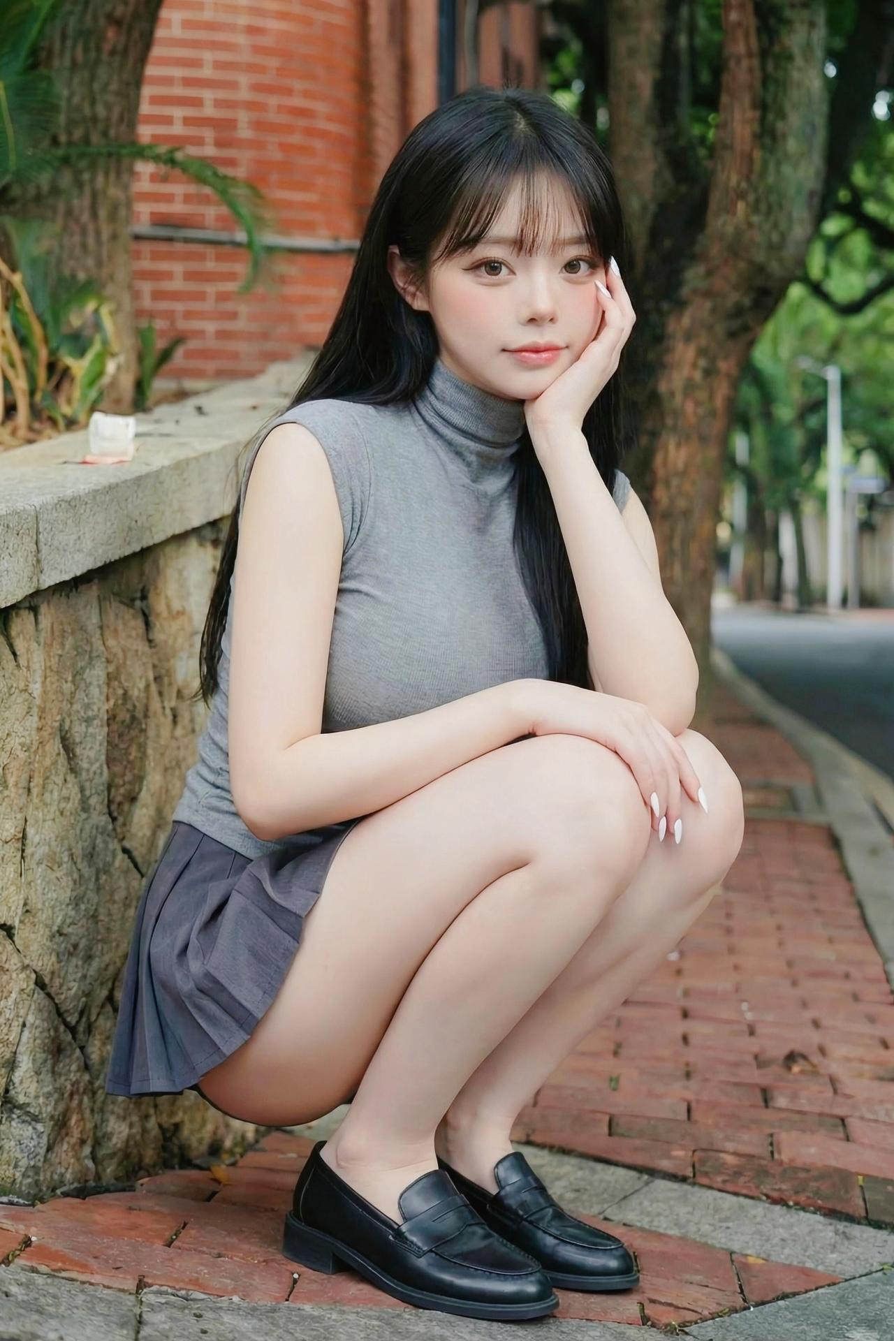 上联：灰衫衬素影，街边静坐添清婉下联：绿树绕红墙，巷角轻行带俏娇对联对对联