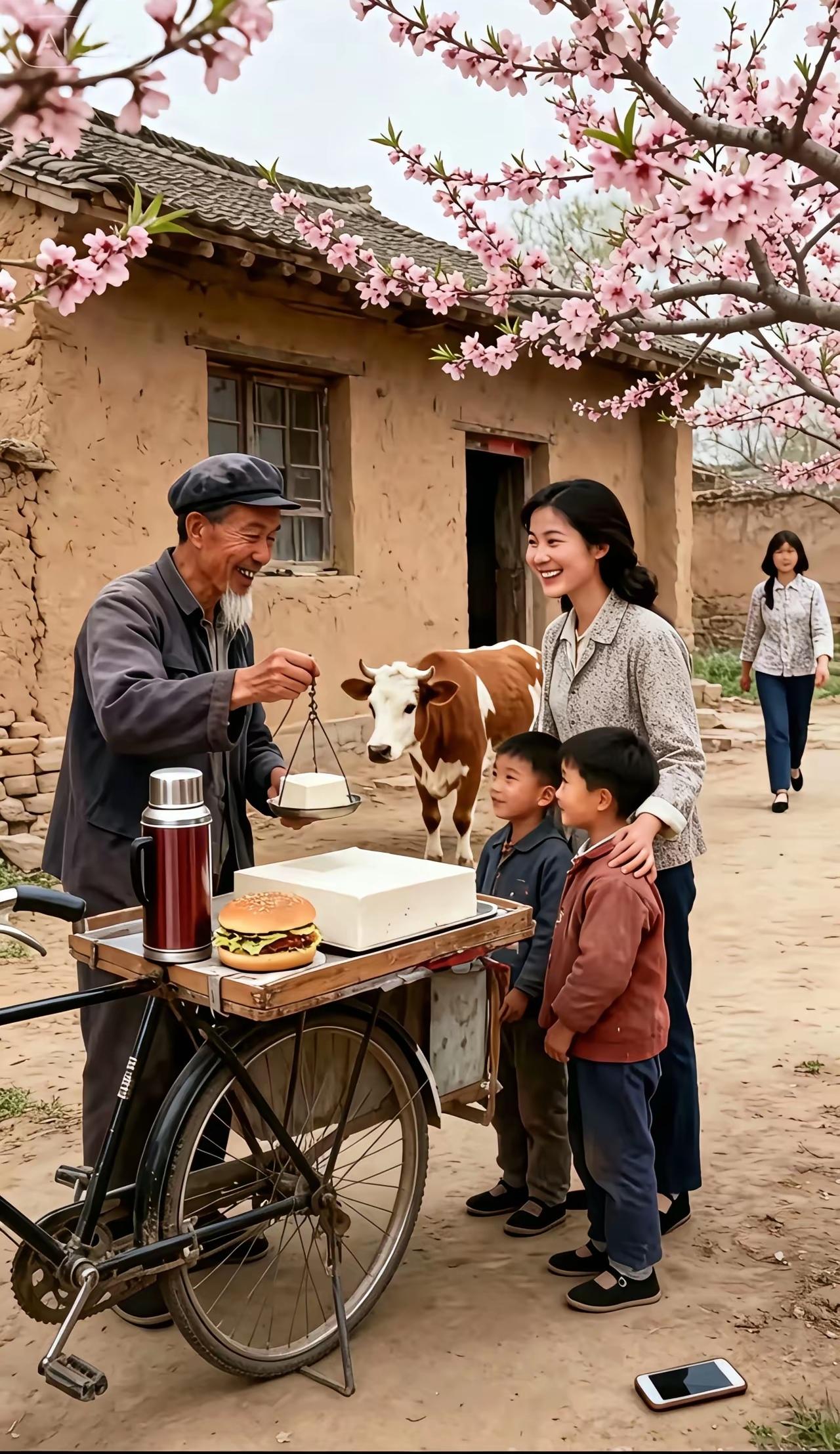 寻找不合理的地方70年代的时候，一位大伯在农村里卖豆腐的场景，有多处不合理的地