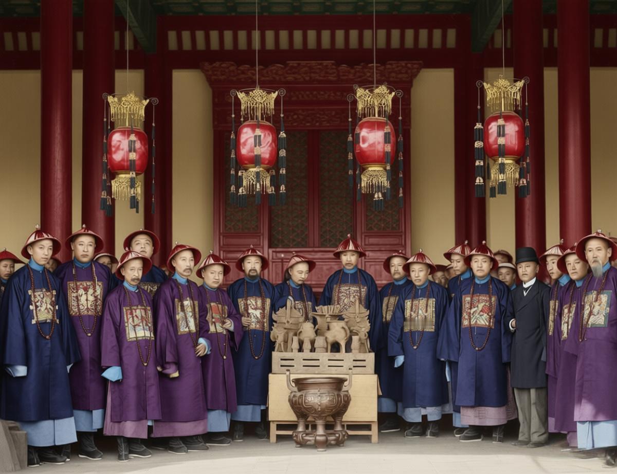 这张照片拍摄于1907年，晚清重臣两江总督端方与僚属围绕著名的柉禁器组拍摄的重要