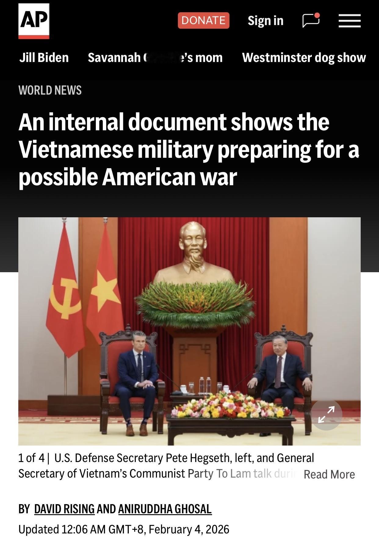 美联社：越南国防部内部文件显示越军正为”美国二次入侵计划做准备”美联社河内2