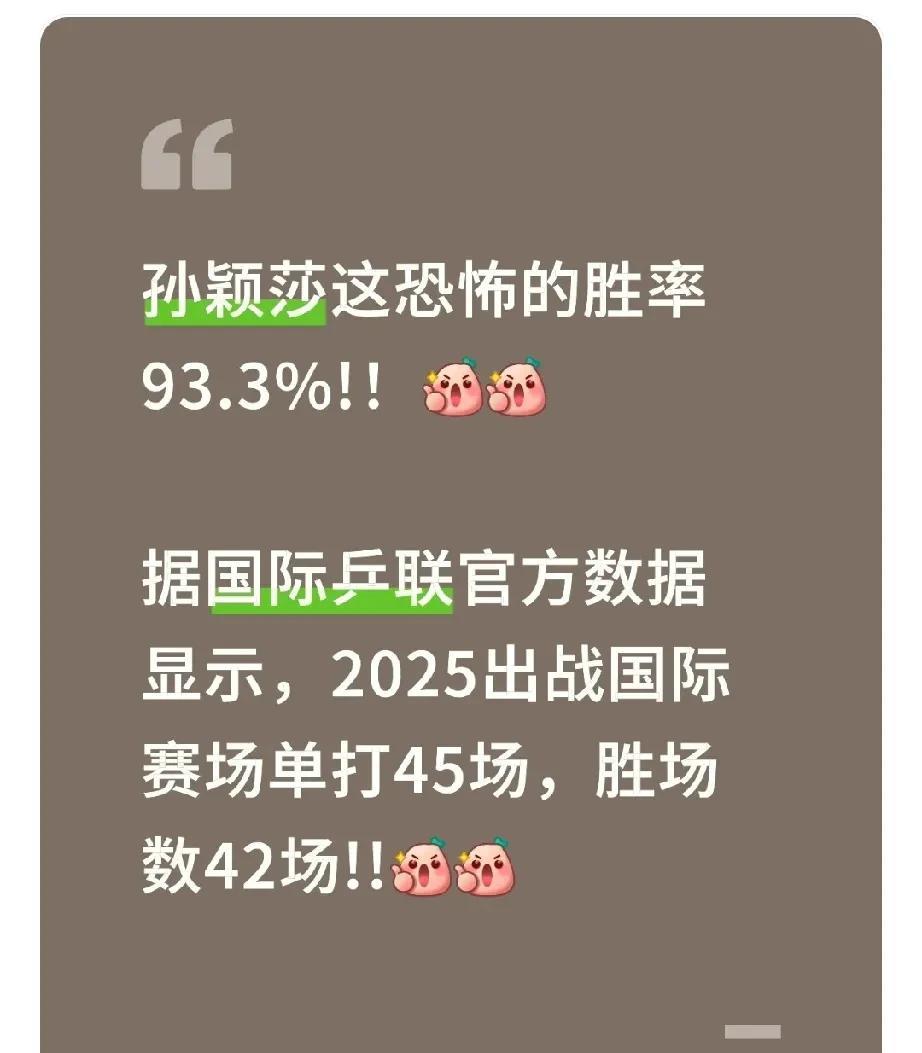 数据不会骗人！莎莎这恐怖的胜率！据国际乒联官方数据显示，